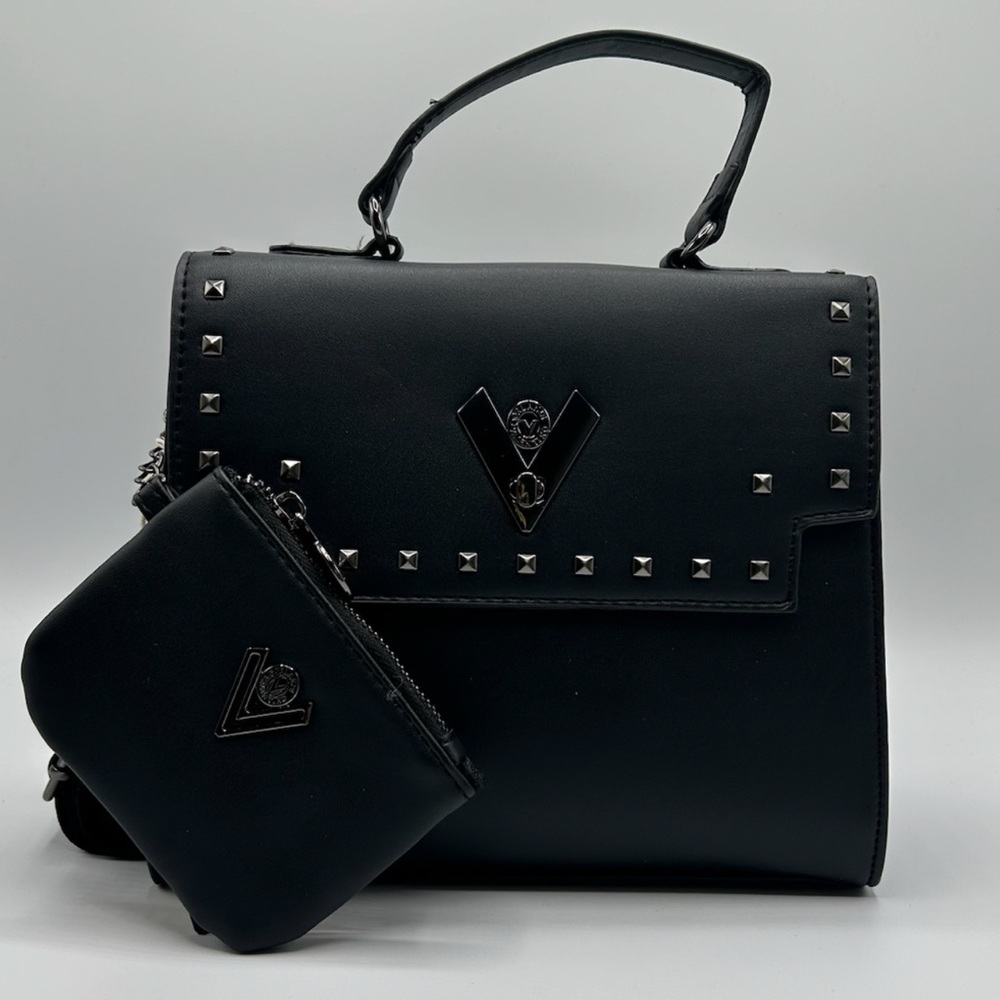 Valentino Orlandi Black Studded Satchel with Fuzzy Pouch